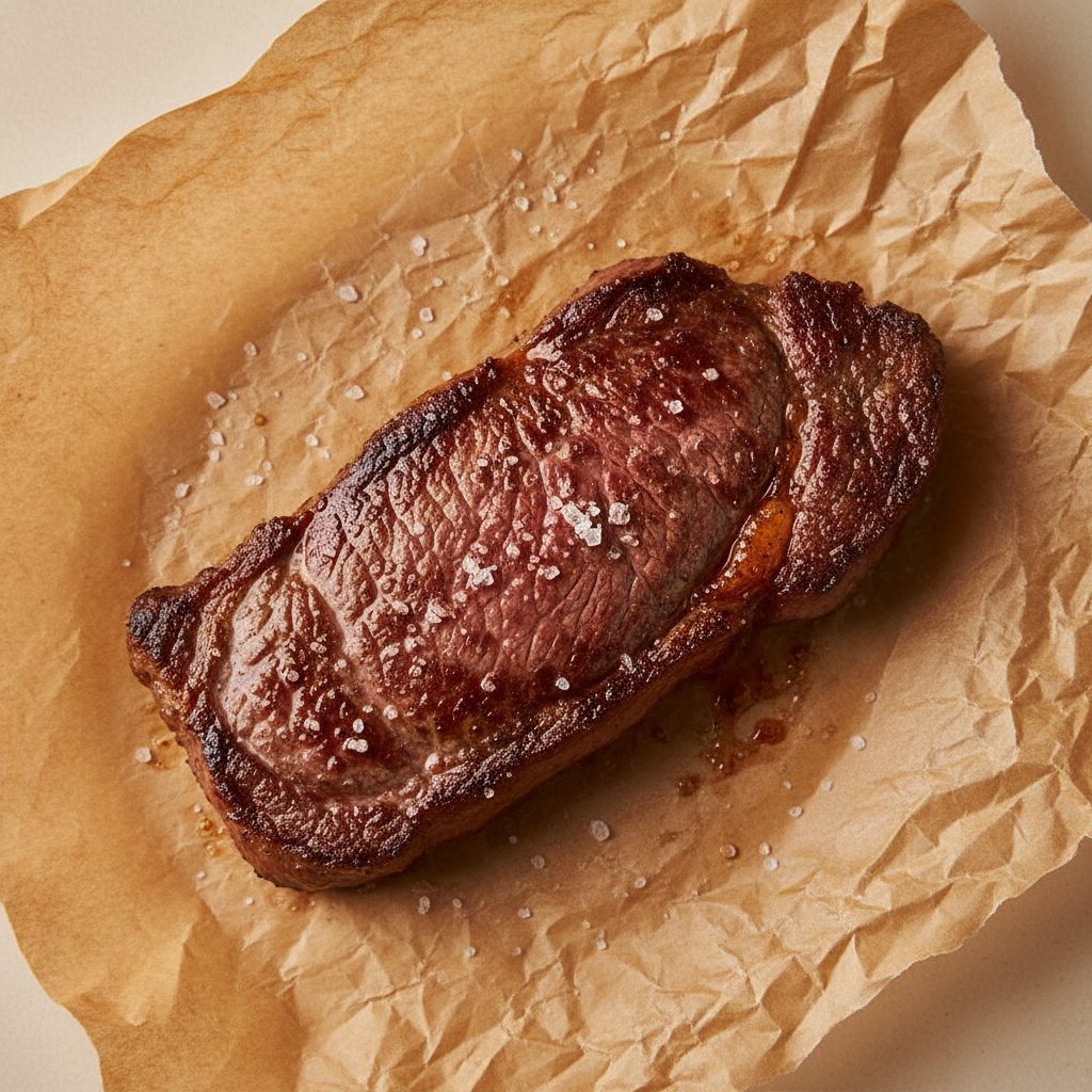 Bife de chorizo recién salido de la parrilla, sobre papel madera
